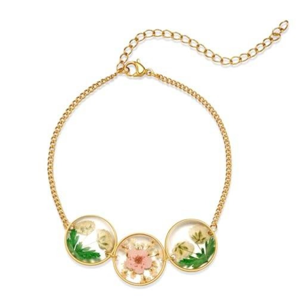 Real Dried Flower Resin Charm Bracelet Gold Tone Botanical Cottagecore Jewelry‎